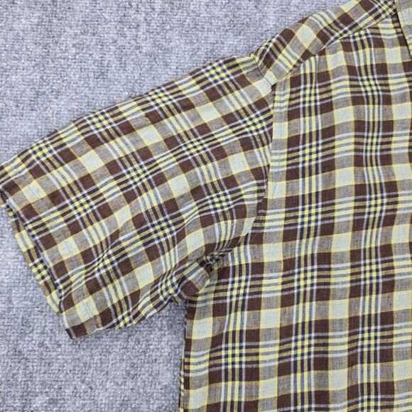 Banana Republic Shirt Mens Large Brown Yellow Plaid Linen Short Sleeve Button Up - Picture 8 of 14